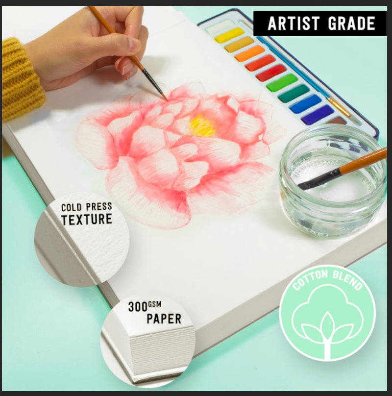 A picture of a flower being painted on the A4 artist grade watercolour paper pad with 300gsm paper and 20 pages, which is acid free and has a cold pressed texture - Stationery Island