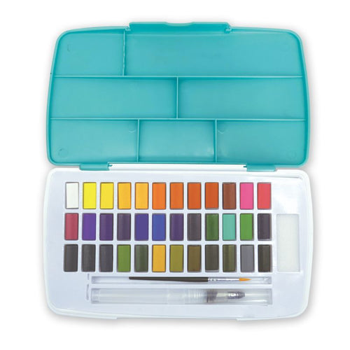 A TBC watercolour paint set with 36 colours, which includes a paintbrush, a refillable water-brush pen and a dabbing sponge - Stationery Island