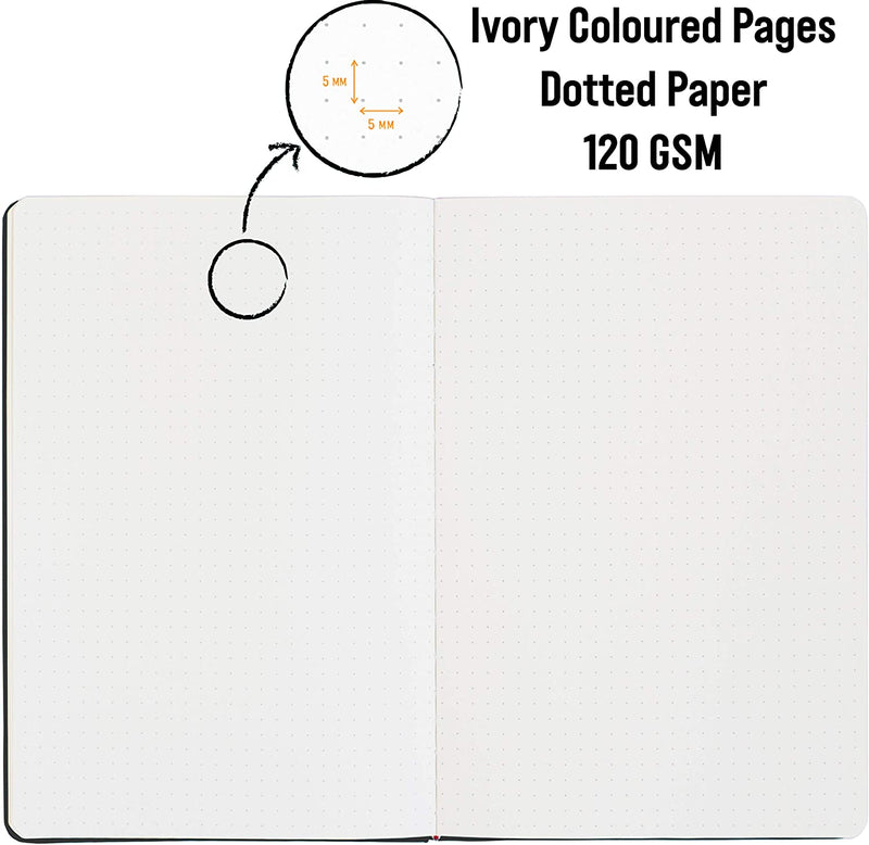 The black A5 dotted notebook, bullet journal has ivory coloured pages with 120 gsm dotted paper - Stationery Island