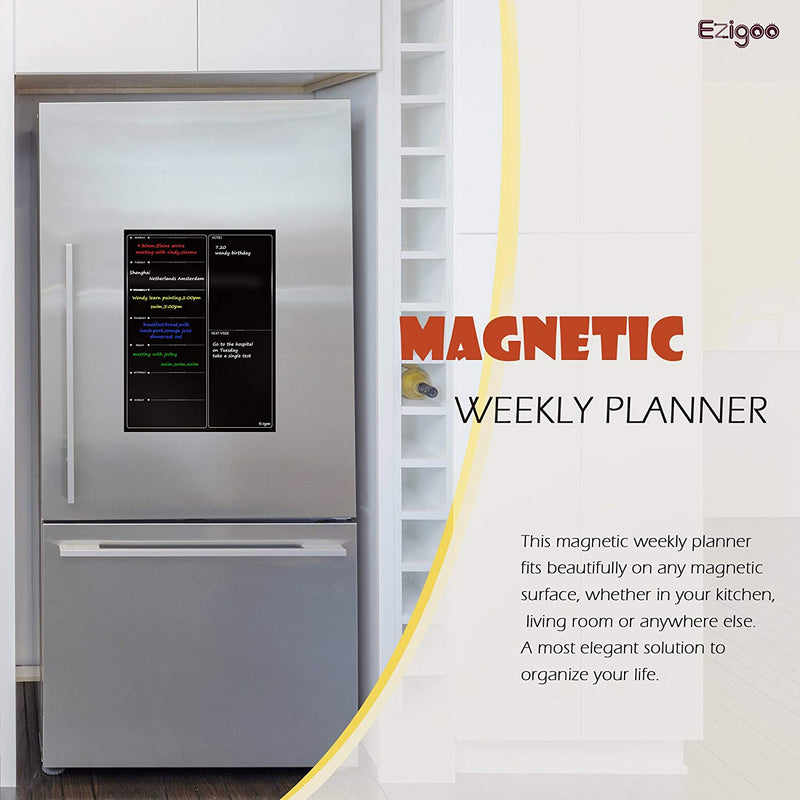 A black dry wipe 30x40cm Ezigoo magnetic weekly planner/calendar can be placed on any magnetic surface - Stationery Island