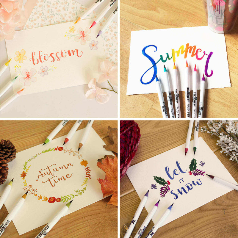 Drawings of different words shown by using the four season colours brush pens - Stationery Island