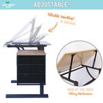 Adjustable worktop that tilts into 10 positions with the tilting mechanism that is at the back of the table on the Caye drafting table - Stationery Island 