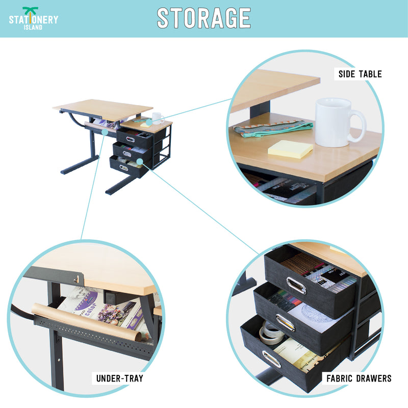 A side table, an under tray and fabric drawers that are spaces for storage on the Caye drafting table