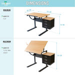 Dimensions of the worktop being flat and being tilted at its maximum height on the Caye drafting table - Stationery Island