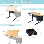 Dimensions of the leg space, the work space and the drawers of the Caye drafting table - Stationery Island 