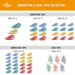 A table of correction tape and glue tape shown that they are available in different packs - Stationery Island