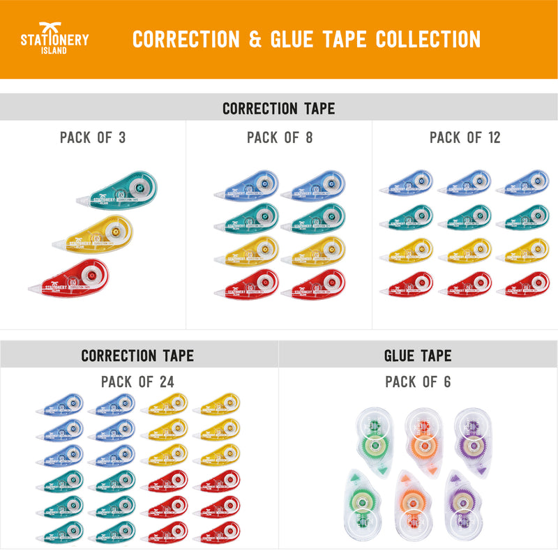 A table showing that the correction tape and glue tape rollers come in different packs - Stationery Island 