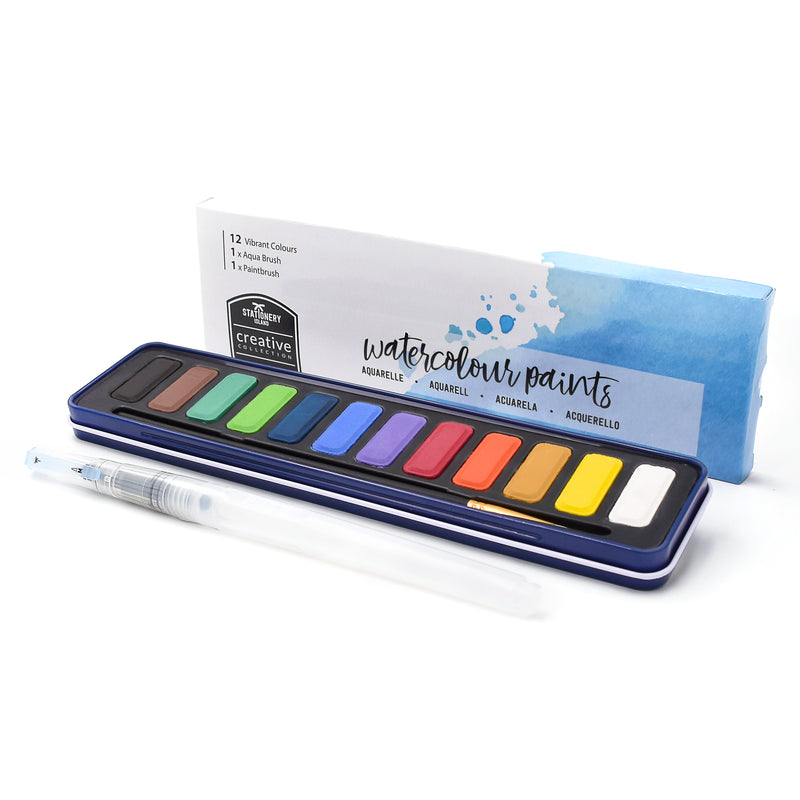 A creative collection watercolour paint set that has 12 colours with an aqua brush and a paint brush - Stationery Island