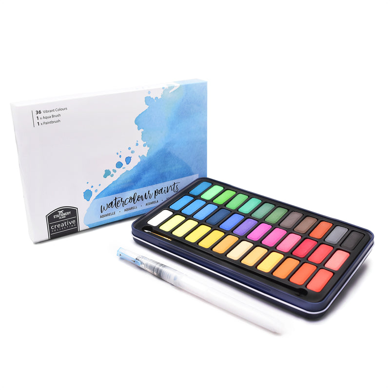 A creative collection watercolour paint set that has 36 colours with an aqua brush and a paint brush - Stationery Island