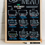 A coffee menu written on a blackboard using chalk pens - Stationery Island 