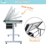 Adjustable table on the Dunbar drafting table that can be tilted into 19 different positions, with the back of the table having a tilting mechanism - Stationery Island