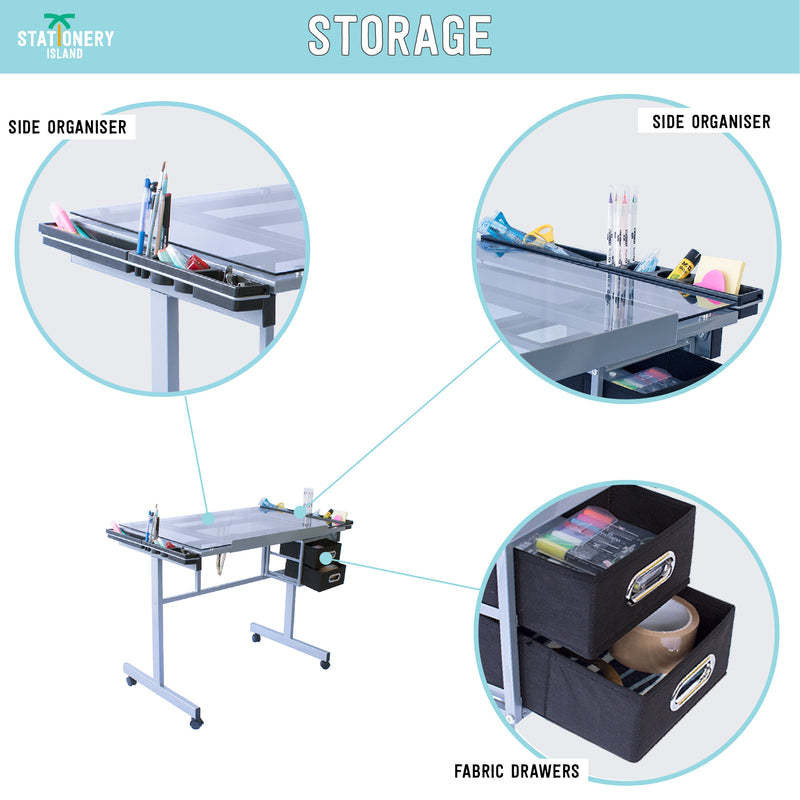 Side storage plus fabric drawers to use for item placementnon the Dunbar drafting table - Stationery Island 