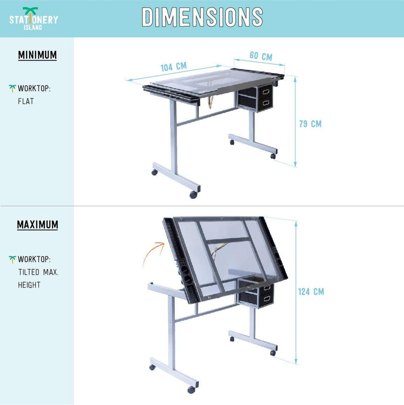 Dimensions of the worktop when its flat and when it is tilted to its maximum height on the Dunbar drafting table - Stationery Island