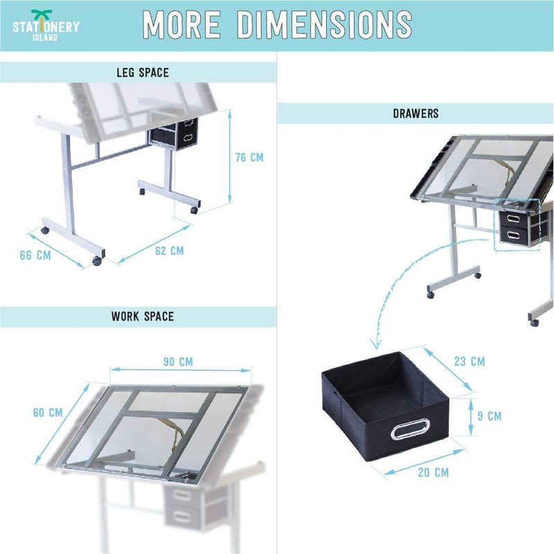 Dimensions of the leg space, the work space and the drawers of the Dunbar drafting table - Stationery Island