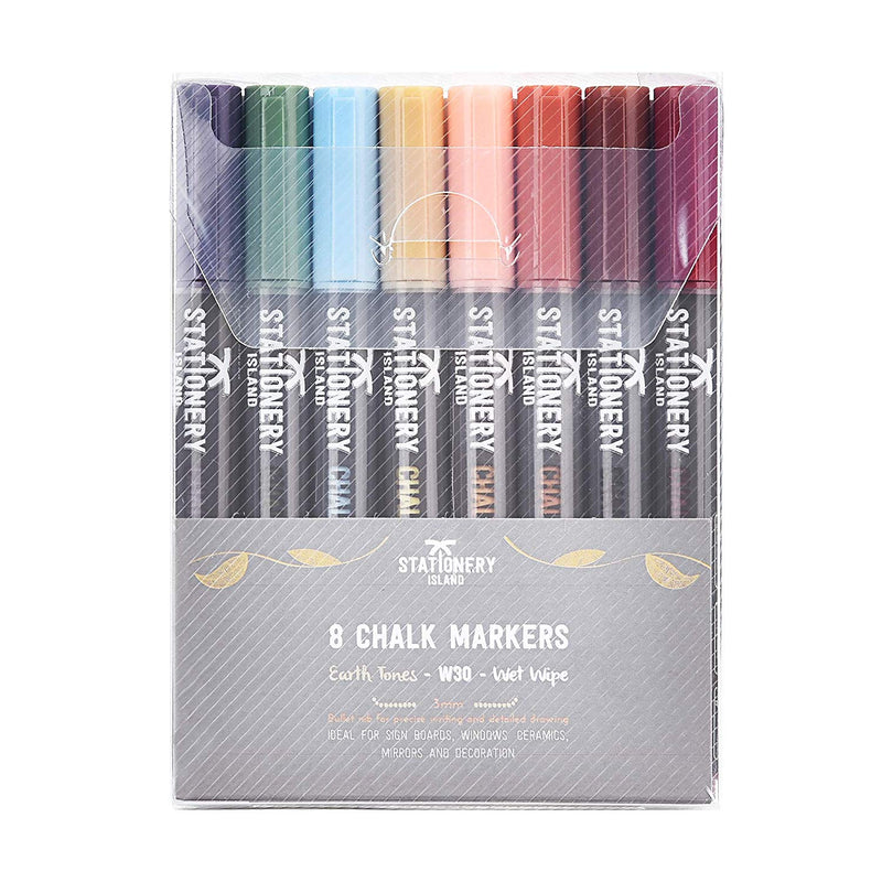 8 earth tones wet wipe W30 chalk pens with a 3mm fine nib inside their packaging - Stationery Island