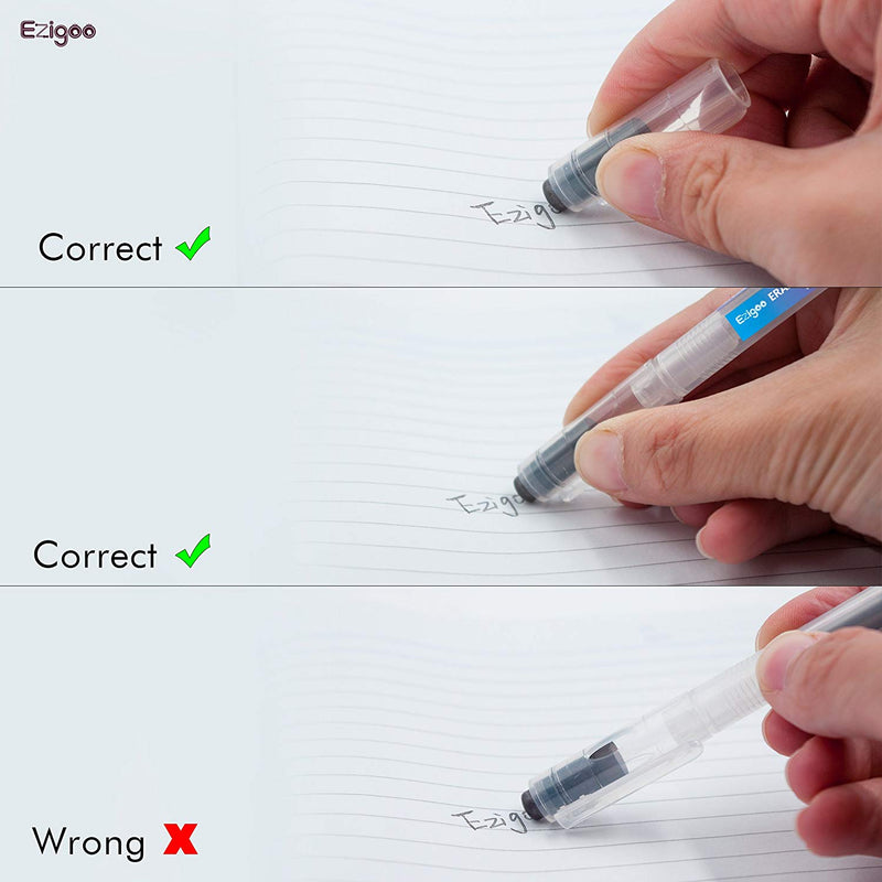 A person showing the correct way to hold a pen when using the eraser from the Ezigoo erasable pens