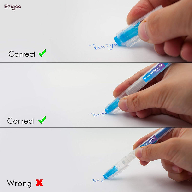 A person showing the correct way to hold the Ezigoo erasable pen when wanting to use the eraser - Stationery Island