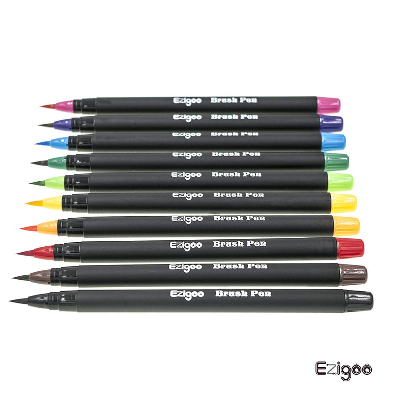 10 ezigoo brush pens in a row without the lids on - Stationery Island