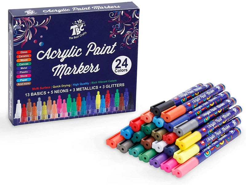 24 acrylic paint markers placed on top of one another with the box packaging shown behind them - Stationery Island