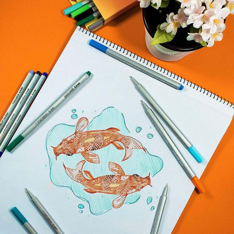 Coloured fineliner pens used to create a drawing of fish in water - Stationery Island