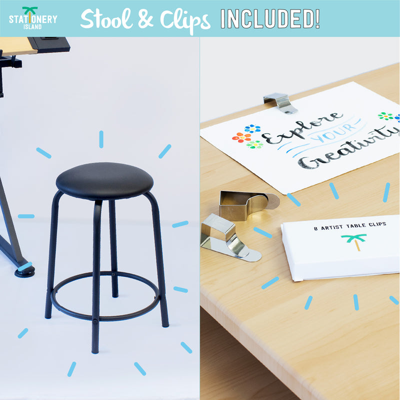 Stool and 8 artist table clips included with the Foula drafting table - Stationery Island