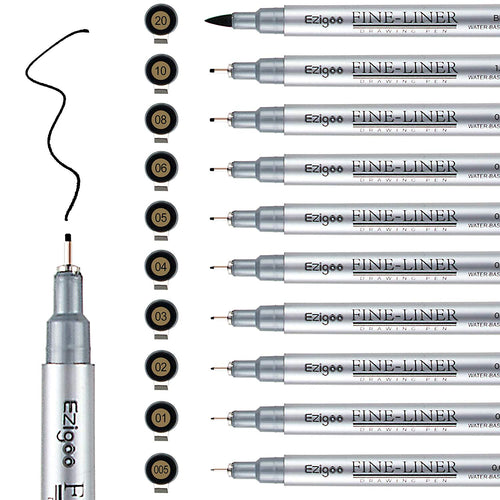 A set of 10 Ezigoo black fineliner pens with various nibs - Stationery Island