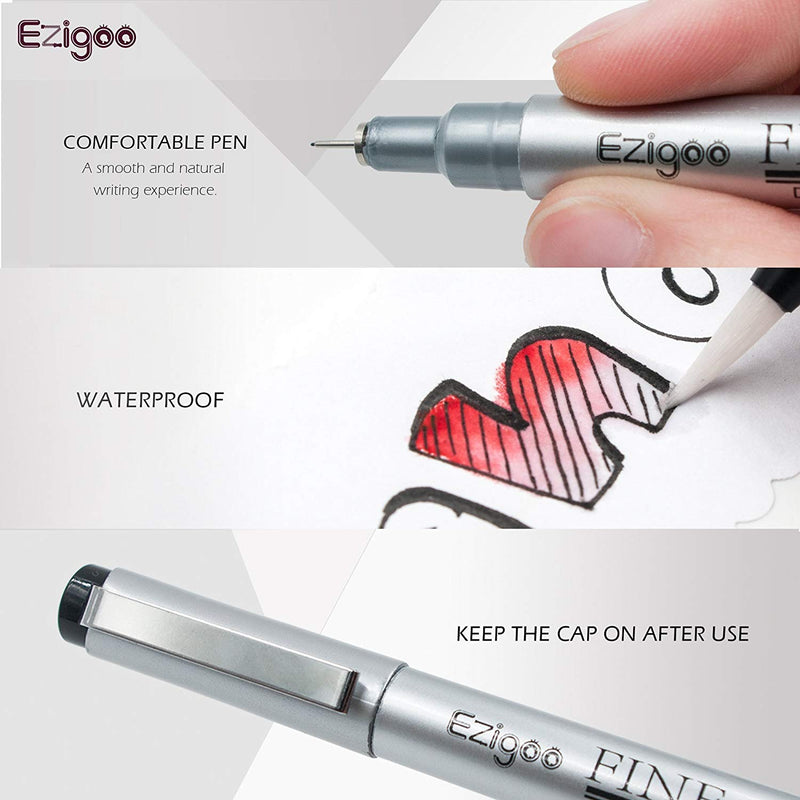 A set of 10 Ezigoo black fineliner pens with various nibs is waterproof and comfortable - Stationery Island