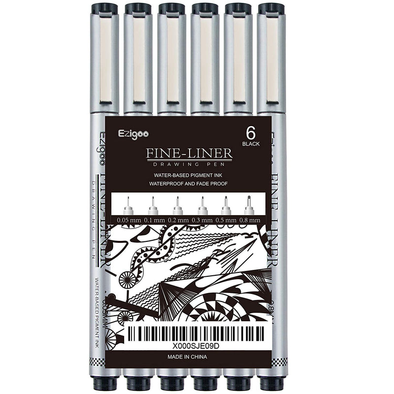 Ezigoo Black Fineliner Pens - Set of 6