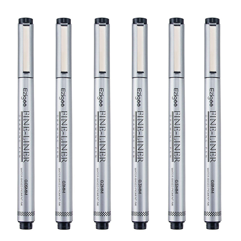 Ezigoo Black Fineliner Pens - Set of 6