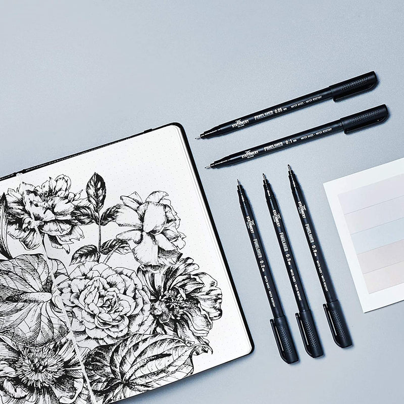 Black fineliner drawing and sketching pens used to draw a sketch of flowers - Stationery Island