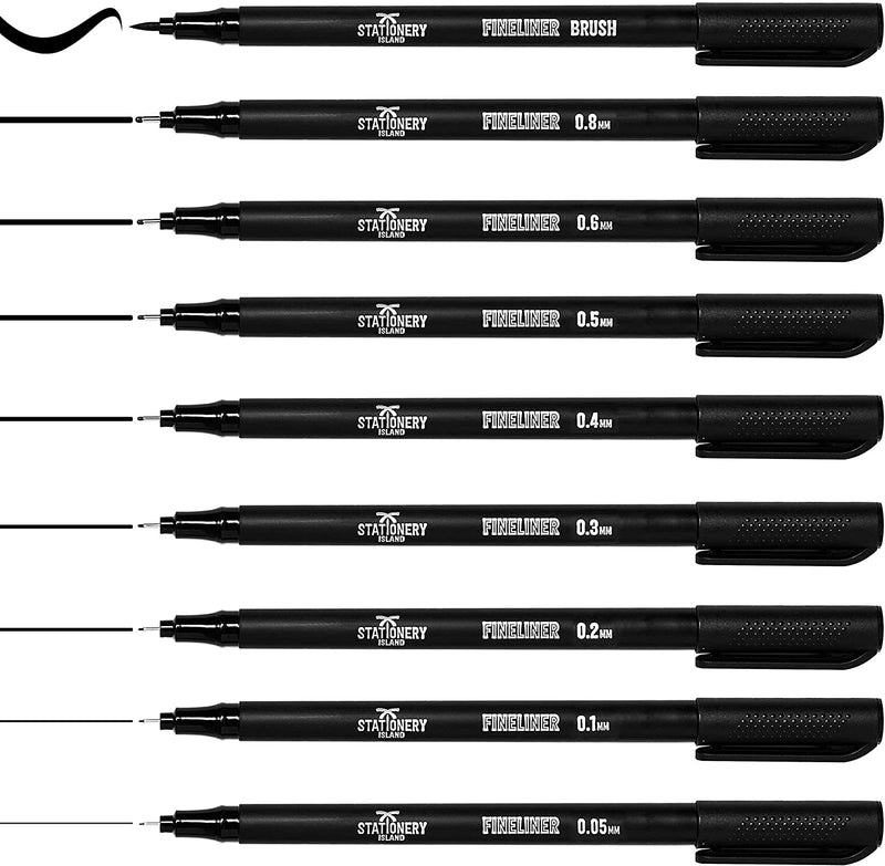 A set of 9 black fineliner drawing and sketching pens with different sized nibs - Stationery Island
