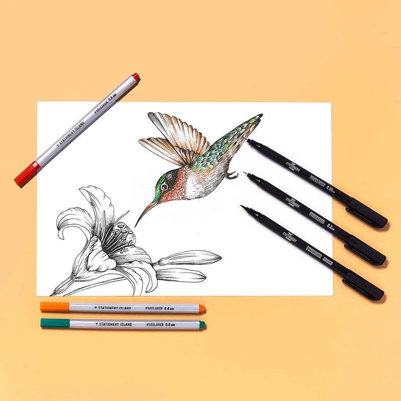 Black fineliner drawing and sketching pens used to draw a sketch of a bird going towards a flower - Stationery Island