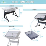 Dimensions of the leg space, work space and drawer space for the Foula-TP2 drafting table - Stationery Island