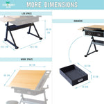 Dimensions of the leg space, work space and drawers of the Foula drafting table - Stationery Island