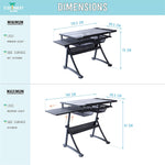 Dimensions of the Foula-TP drafting tables' legs at their maximum and minimum height with the side surface extended or not extended - Stationery Island