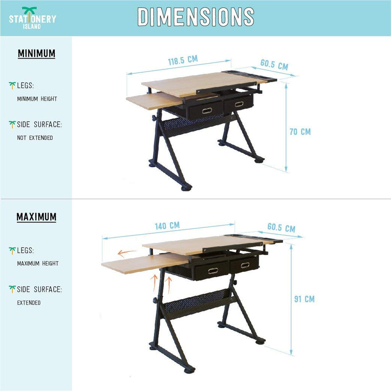 Dimensions of the Foula drafting tables' legs and side table - Stationery Island