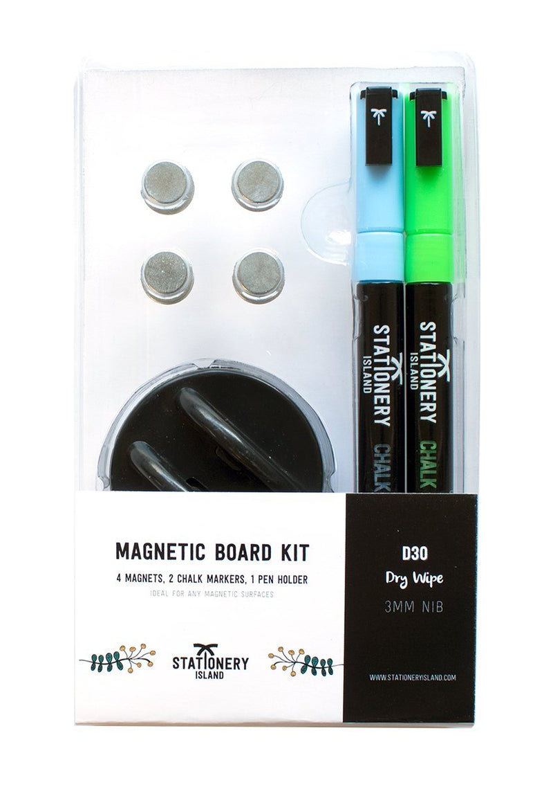 A magnetic board kit with 2 chalk pens, 1 penholder/eraser and 4 magnets - Stationery Island