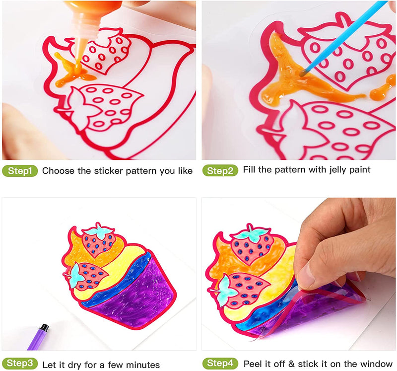 To use the TBC kids creative stained glass window you have to choose a sticker pattern, fill with jelly paint, let it dry, peel off and stick on the window - Stationery Island