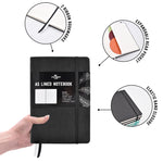 The black A5 narrow ruled notebook, lined journal has 2 ribbon bookmarks, an expandable rear pocket and an elastic band for closure - Stationery Island