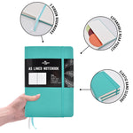 The teal A5 narrow ruled notebook, lined journal  has 2 ribbon bookmarks, an expandable rear pocket and an elastic band for closure - Stationery Island