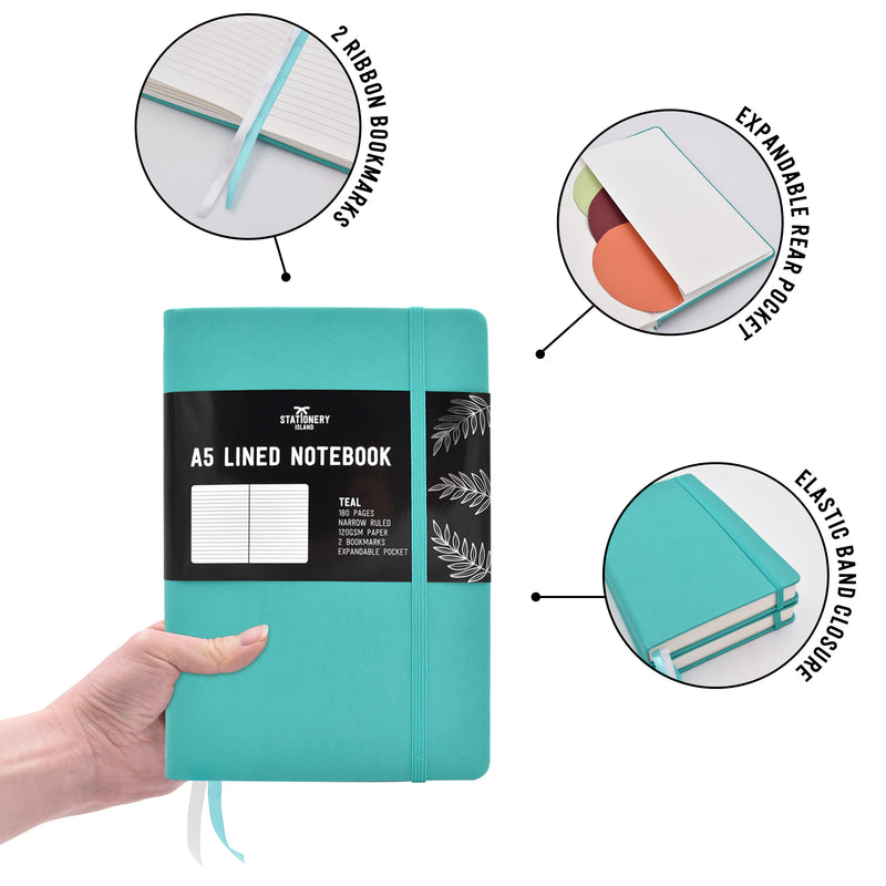 The teal A5 narrow ruled notebook, lined journal  has 2 ribbon bookmarks, an expandable rear pocket and an elastic band for closure - Stationery Island