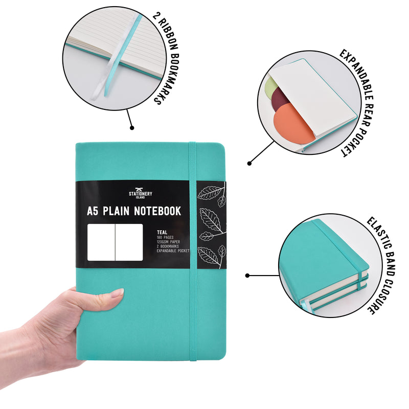 The teal A5 blank notebook, plain journal has 2 ribbon bookmarks, an expandable rear pocket and an elastic band for closure - Stationery Island