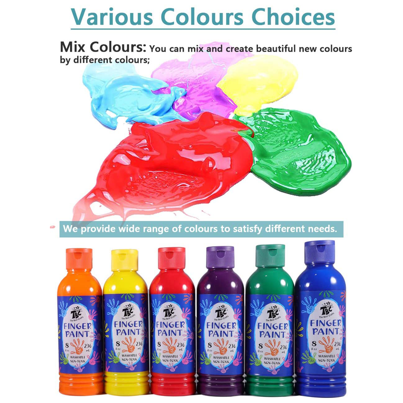 The colours from the pack of 6 TBC washable finger paints can be mixed together to create new colours - Stationery Island