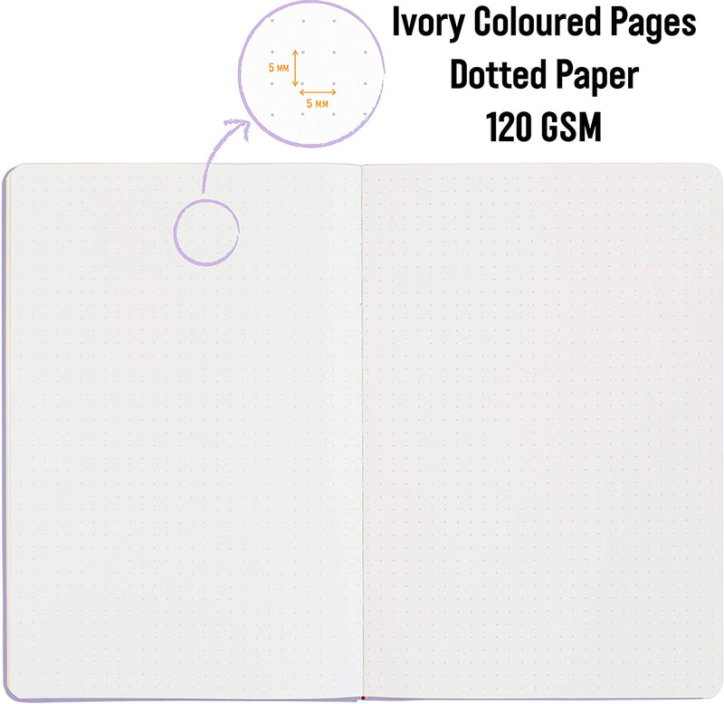The Lavender A5 dotted notebook, bullet journal has ivory coloured pages with 120 gsm dotted dotted paper - Stationery Island