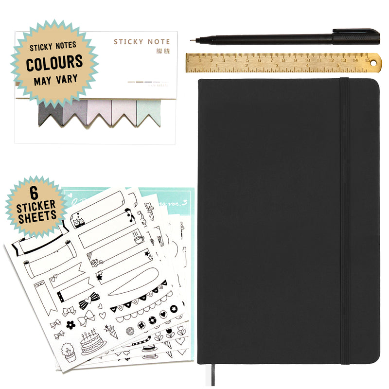 A black A5 dotted notebook with accessories, bullet journal has a pen, ruler, 6 sticker sheets and sticky notes included - Stationery Island