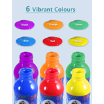 The 6 colours of the TBC washable finger paints shown with each colour named - Stationery Island