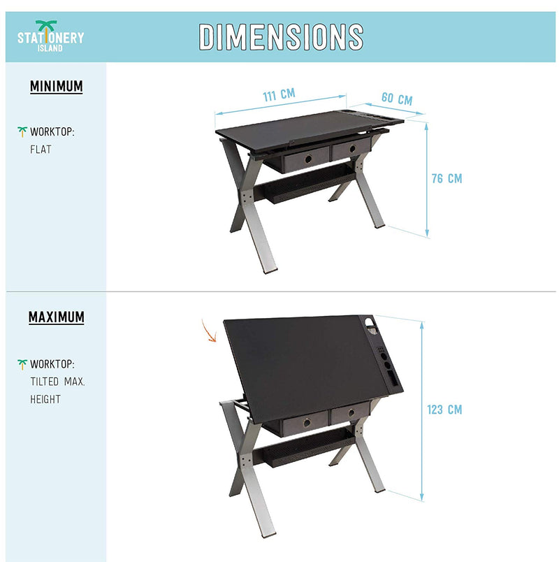 Dimensions of Nauru drafting table when the worktop is flat and when the worktop is tilted to its maximum height - Stationery Island