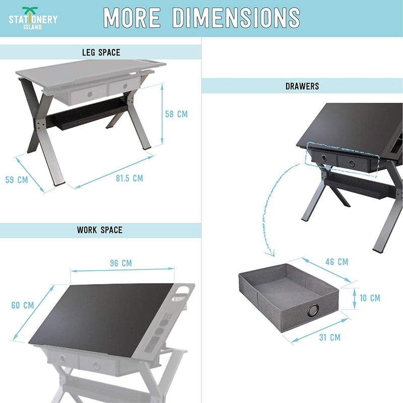 Dimensions of leg space, work table space and drawer space of the Nauru drafting table - Stationery Island