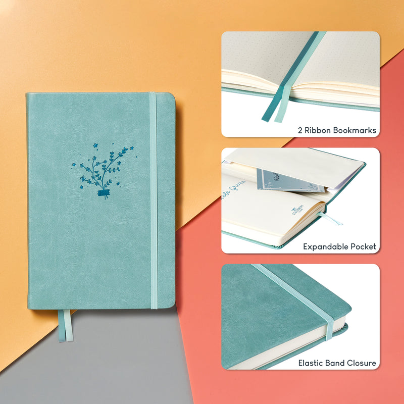 The Nicole Grace A5 dotted notebook, bullet journal has 2 ribbon bookmarks, an expandable pocket and an elastic band closure - Stationery Island