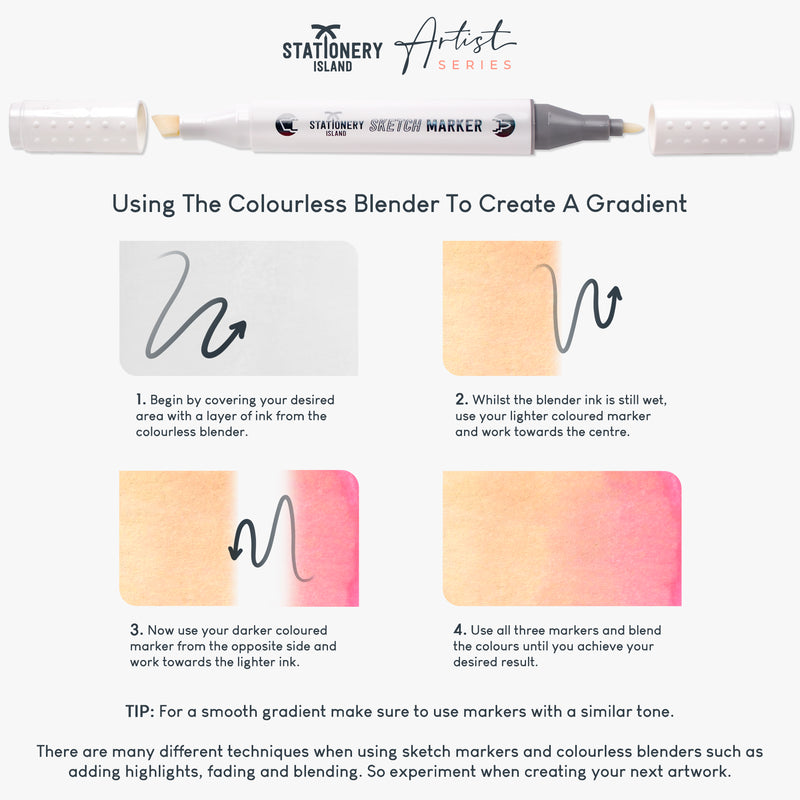 Instructions on how to use the colourless blender to create a gradient - Stationery Island